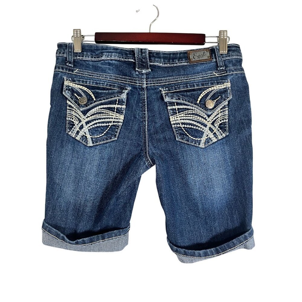 Retro Embellish Cuffed Bermuda Shorts 3 Blue Western Boho Cowgirl Chic Classic‎